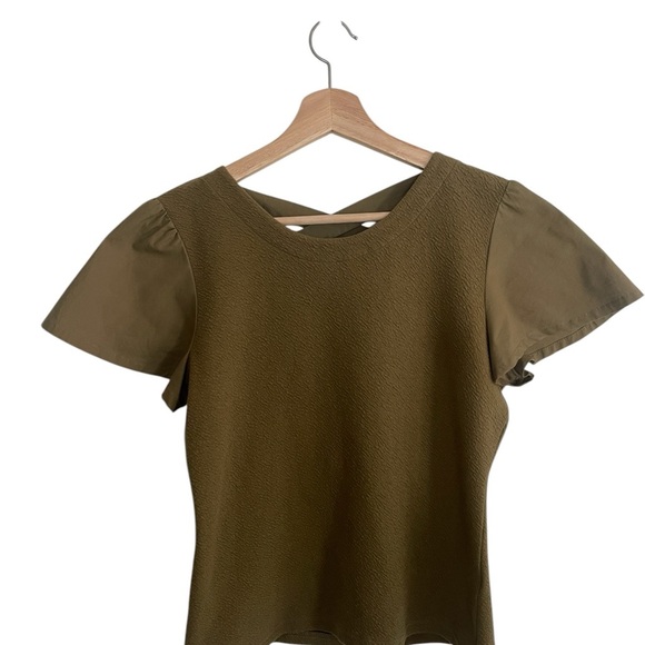 Anthropologie Women's Army Green Puff Sleeve Criss Cross Back Size M Boho Ballet - Picture 2 of 8